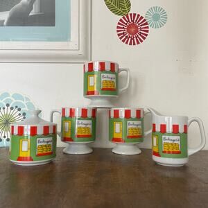 Vintage Novelty Coffee Mug Set, 1960s Boulangerie Cups, Creamer, & Sugar Bowl